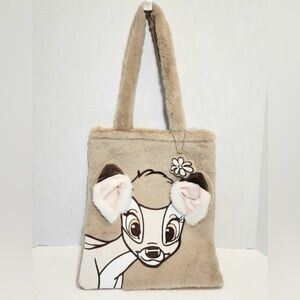 Disney Parks Bag Tote Fuzzy Bambi Print With Magnetic Clasp & Flower Charm NWT